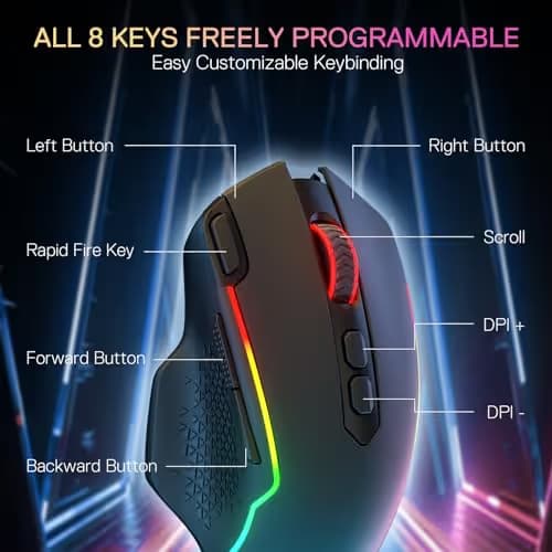 Redragon M810 MAX 3-Mode Wireless Gaming Mouse, 12000 DPI Wired/Wireless RGB Mouse w/Rapid Fire Key, 8 Macro Buttons, 188-Hour Reliable Power Capacity for PC/Mac/Laptop image