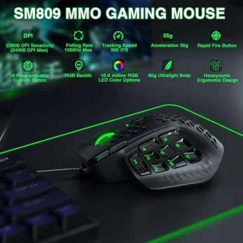 SOLAKAKA SM809 Gaming Mouse for MMO,24000 DPI,16 Programmable,RGB PC Gaming Mice,Black image