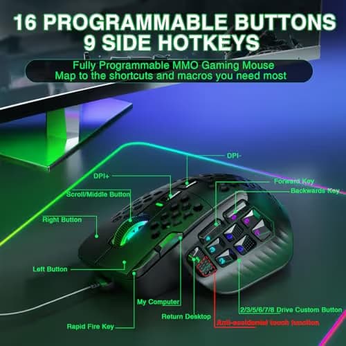 SOLAKAKA SM809 Gaming Mouse for MMO,24000 DPI,16 Programmable,RGB PC Gaming Mice,Black image