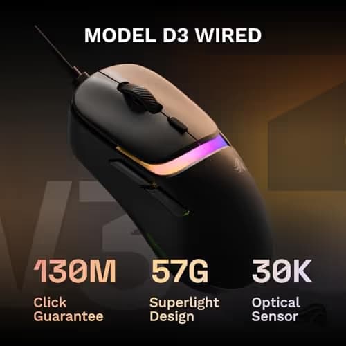 GLORIOUS Gaming Model D3 Wired Gaming Mouse - Ultralight 57g Weight, 130M Click Optical Switches, 30K DPI BAMF 3.0 Sensor, 750 IPS Tracking, 50G Acceleration, Supports All Grip Types - Black image