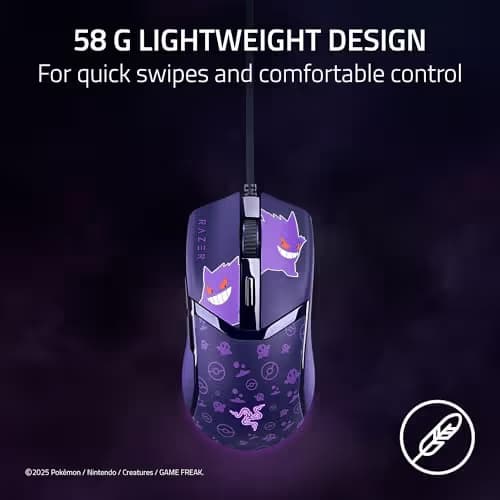 Razer Cobra Wired Gaming Mouse: 58g Lightweight - Gen-3 Optical Switches - Chroma RGB Lighting Underglow - 8500 DPI Optical Sensor - 100% PTFE Mouse Feet - Speedflex Cable - Pokemon Gengar Edition image