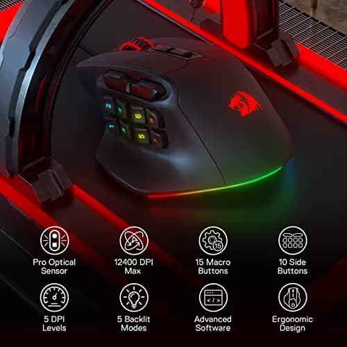 Redragon M811 Aatrox MMO Gaming Mouse, 15 Programmable Buttons Wired RGB Mouse w/Ergonomic Natural Grip Build, 10 Side Macro Keys, Software Supports DIY Keybinds & Backlit image
