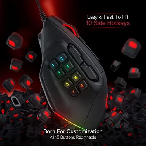 Redragon M811 Aatrox MMO Gaming Mouse, 15 Programmable Buttons Wired RGB Mouse w/Ergonomic Natural Grip Build, 10 Side Macro Keys, Software Supports DIY Keybinds & Backlit image
