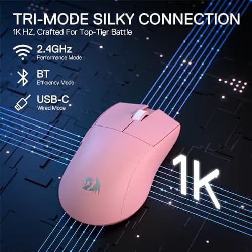 Redragon M916 PRO 3-Mode Wireless Gaming Mouse, 55G Ultra-Light 26K DPI Mouse w/Ergonomic Natural Grip Build, Full Programmable Buttons, Software Supports DIY Keybinds & DPI (1K Hz, Pink) image