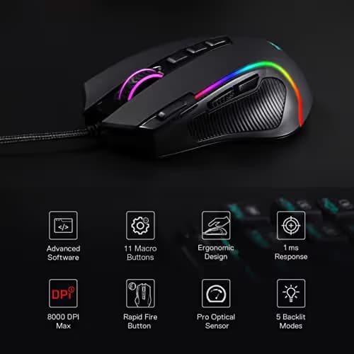 Redragon M612 Predator RGB Gaming Mouse, 8000 DPI Wired Optical Mouse with 11 Programmable Buttons & 5 Backlit Modes, Software Supports DIY Keybinds Rapid Fire Button image