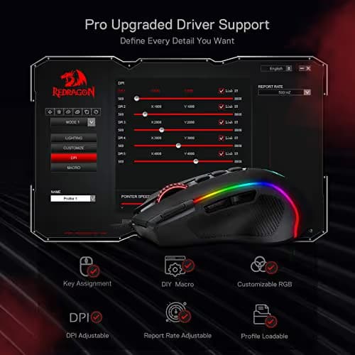 Redragon M612 Predator RGB Gaming Mouse, 8000 DPI Wired Optical Mouse with 11 Programmable Buttons & 5 Backlit Modes, Software Supports DIY Keybinds Rapid Fire Button image