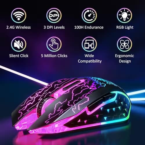 VersionTECH. Wireless Gaming Mouse, Rechargeable Computer Mouse Mice with Colorful LED Lights, Silent Click, 2.4G USB Nano Receiver, 3 Level DPI for PC Gamer Laptop Desktop Chromebook Mac-Black image