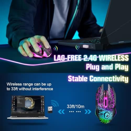 VersionTECH. Wireless Gaming Mouse, Rechargeable Computer Mouse Mice with Colorful LED Lights, Silent Click, 2.4G USB Nano Receiver, 3 Level DPI for PC Gamer Laptop Desktop Chromebook Mac-Black image