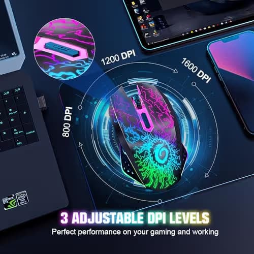 VersionTECH. Wireless Gaming Mouse, Rechargeable Computer Mouse Mice with Colorful LED Lights, Silent Click, 2.4G USB Nano Receiver, 3 Level DPI for PC Gamer Laptop Desktop Chromebook Mac-Black image