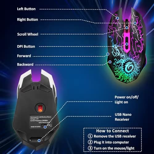 VersionTECH. Wireless Gaming Mouse, Rechargeable Computer Mouse Mice with Colorful LED Lights, Silent Click, 2.4G USB Nano Receiver, 3 Level DPI for PC Gamer Laptop Desktop Chromebook Mac-Black image