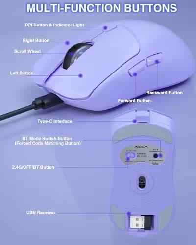AULA SC580X Wireless Gaming Mouse, Tri-Mode 2.4G/BT5.0/USB-C Gaming Mice with 12000 DPI, 6 Programmable Buttons, Rechargeable Computer Mouse for Laptop/PC/Mac/Tablet image