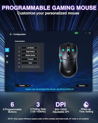 AULA SC580X Wireless Gaming Mouse, Tri-Mode 2.4G/BT5.0/USB-C Gaming Mice with 12000 DPI, 6 Programmable Buttons, Rechargeable Computer Mouse for Laptop/PC/Mac/Tablet image