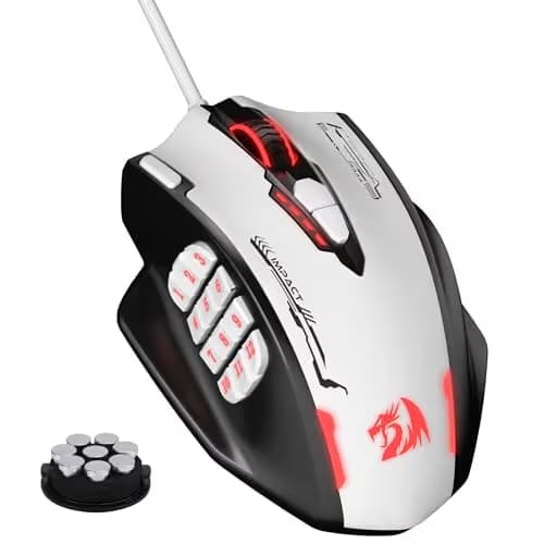 Redragon M908 Impact RGB MMO Gaming Mouse, Optical Wired Ergonomic Mouse with Max 24,000 DPI, High Precision, 18 Programmable Macro Shortcuts, Comfort Grip, Black & White image