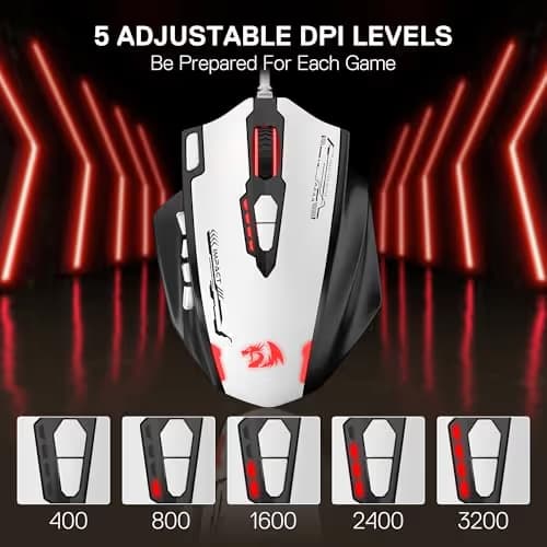 Redragon M908 Impact RGB MMO Gaming Mouse, Optical Wired Ergonomic Mouse with Max 24,000 DPI, High Precision, 18 Programmable Macro Shortcuts, Comfort Grip, Black & White image