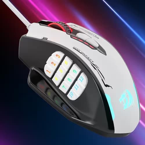 Redragon M908 Impact RGB MMO Gaming Mouse, Optical Wired Ergonomic Mouse with Max 24,000 DPI, High Precision, 18 Programmable Macro Shortcuts, Comfort Grip, Black & White image