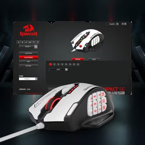 Redragon M908 Impact RGB MMO Gaming Mouse, Optical Wired Ergonomic Mouse with Max 24,000 DPI, High Precision, 18 Programmable Macro Shortcuts, Comfort Grip, Black & White image