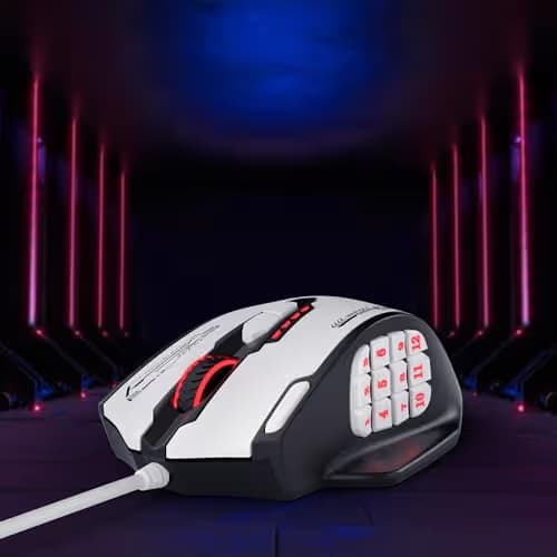 Redragon M908 Impact RGB MMO Gaming Mouse, Optical Wired Ergonomic Mouse with Max 24,000 DPI, High Precision, 18 Programmable Macro Shortcuts, Comfort Grip, Black & White image