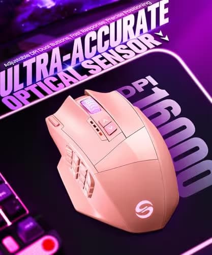 UtechSmart Venus Pro Wireless MMO Gaming Mouse, 16,000 DPI Optical Sensor, Wired/Wireless Dual Modes, 16M Chroma RGB Lighting, 16 Programmable Buttons, Ergonomic Design, Up to 70H, Pink image