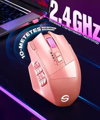 UtechSmart Venus Pro Wireless MMO Gaming Mouse, 16,000 DPI Optical Sensor, Wired/Wireless Dual Modes, 16M Chroma RGB Lighting, 16 Programmable Buttons, Ergonomic Design, Up to 70H, Pink image