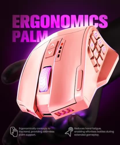 UtechSmart Venus Pro Wireless MMO Gaming Mouse, 16,000 DPI Optical Sensor, Wired/Wireless Dual Modes, 16M Chroma RGB Lighting, 16 Programmable Buttons, Ergonomic Design, Up to 70H, Pink image