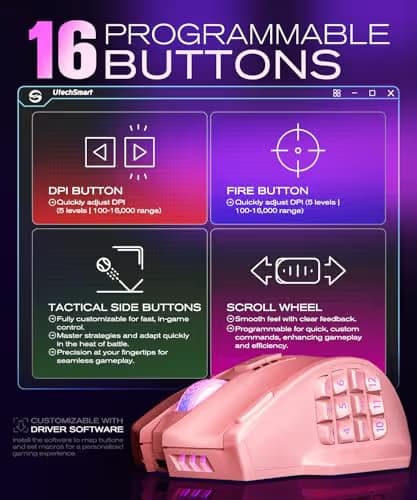 UtechSmart Venus Pro Wireless MMO Gaming Mouse, 16,000 DPI Optical Sensor, Wired/Wireless Dual Modes, 16M Chroma RGB Lighting, 16 Programmable Buttons, Ergonomic Design, Up to 70H, Pink image