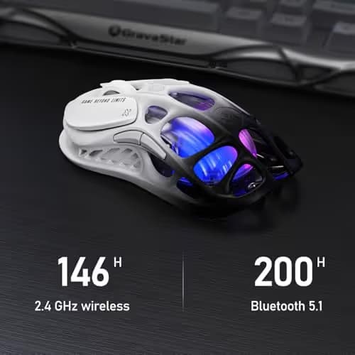 GravaStar Mercury M1 Pro Gaming Mouse, Lightweight Magnesium Alloy, 26,000 DPI, PAW3395DM Sensor, 5 Programmable Buttons, Support Wired/2.4GHz/BT, Up to 200 Hours Battery Life (Gradient Black) image