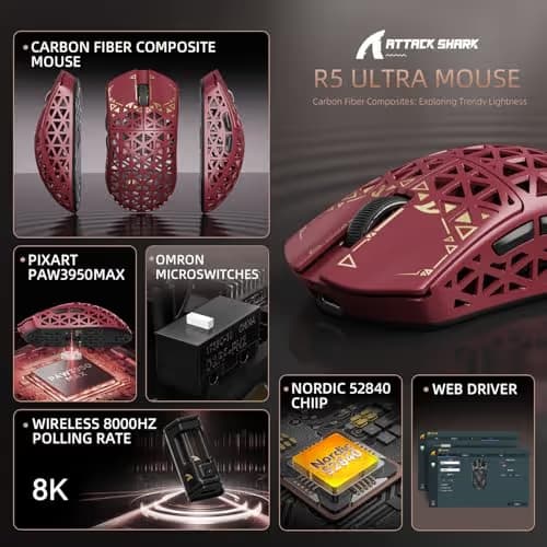 ATTACK SHARK R5Ultra 8K Carbon Fiber Wireless Gaming Mouse with 42000 DPI -PAW3950 MAX Sensor -39g Ultra-Lightweight-Nordic 52840 MCU Chip-Wired/BT/2.4GHz Wirelss Programmable Mouse for PC/Mac (Red) image