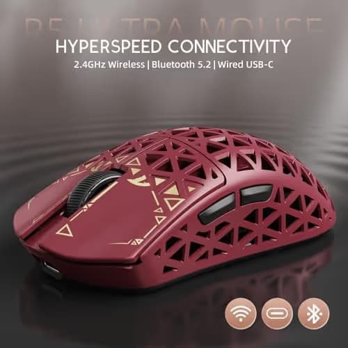 ATTACK SHARK R5Ultra 8K Carbon Fiber Wireless Gaming Mouse with 42000 DPI -PAW3950 MAX Sensor -39g Ultra-Lightweight-Nordic 52840 MCU Chip-Wired/BT/2.4GHz Wirelss Programmable Mouse for PC/Mac (Red) image