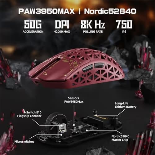 ATTACK SHARK R5Ultra 8K Carbon Fiber Wireless Gaming Mouse with 42000 DPI -PAW3950 MAX Sensor -39g Ultra-Lightweight-Nordic 52840 MCU Chip-Wired/BT/2.4GHz Wirelss Programmable Mouse for PC/Mac (Red) image