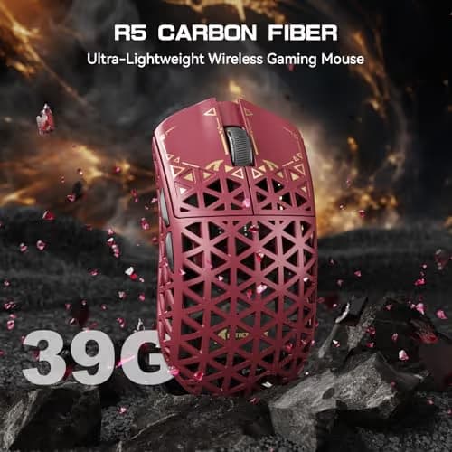 ATTACK SHARK R5Ultra 8K Carbon Fiber Wireless Gaming Mouse with 42000 DPI -PAW3950 MAX Sensor -39g Ultra-Lightweight-Nordic 52840 MCU Chip-Wired/BT/2.4GHz Wirelss Programmable Mouse for PC/Mac (Red) image