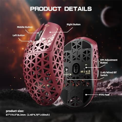 ATTACK SHARK R5Ultra 8K Carbon Fiber Wireless Gaming Mouse with 42000 DPI -PAW3950 MAX Sensor -39g Ultra-Lightweight-Nordic 52840 MCU Chip-Wired/BT/2.4GHz Wirelss Programmable Mouse for PC/Mac (Red) image