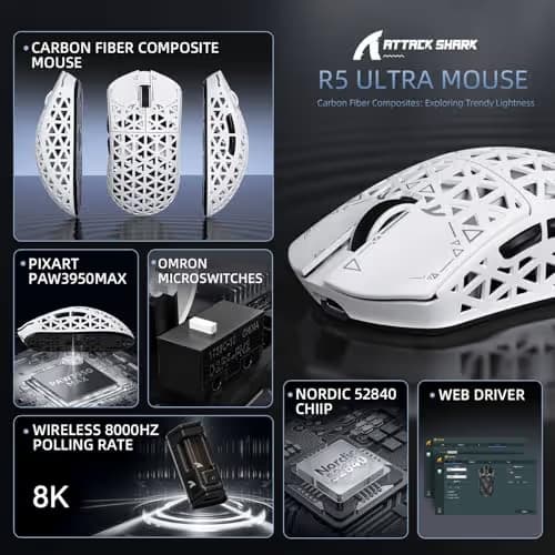 ATTACK SHARK R5Ultra 8K Carbon Fiber Wireless Gaming Mouse with 42000 DPI -PAW3950 MAX Sensor -39g Ultra-Lightweight-Nordic 52840 MCU Chip-Wired/BT/2.4GHz Wirelss Programmable Mouse for PC/Mac (White) image