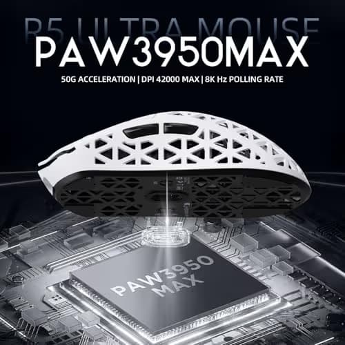 ATTACK SHARK R5Ultra 8K Carbon Fiber Wireless Gaming Mouse with 42000 DPI -PAW3950 MAX Sensor -39g Ultra-Lightweight-Nordic 52840 MCU Chip-Wired/BT/2.4GHz Wirelss Programmable Mouse for PC/Mac (White) image