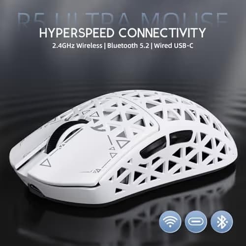 ATTACK SHARK R5Ultra 8K Carbon Fiber Wireless Gaming Mouse with 42000 DPI -PAW3950 MAX Sensor -39g Ultra-Lightweight-Nordic 52840 MCU Chip-Wired/BT/2.4GHz Wirelss Programmable Mouse for PC/Mac (White) image