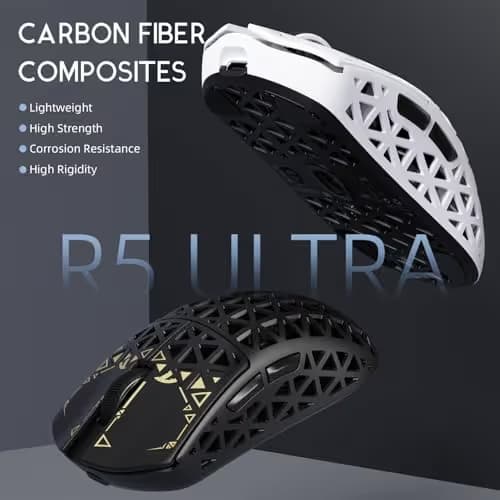 ATTACK SHARK R5Ultra 8K Carbon Fiber Wireless Gaming Mouse with 42000 DPI -PAW3950 MAX Sensor -39g Ultra-Lightweight-Nordic 52840 MCU Chip-Wired/BT/2.4GHz Wirelss Programmable Mouse for PC/Mac (White) image