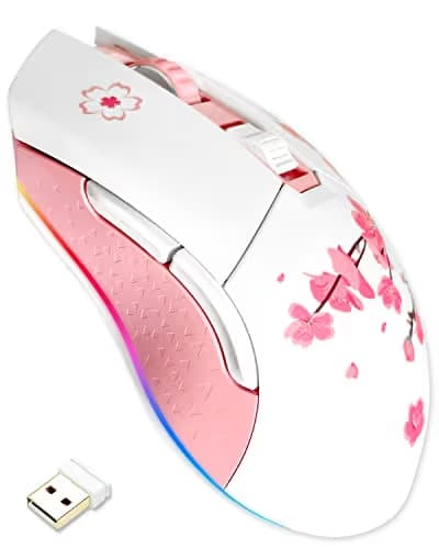 DAREU Sakura Pink Wireless Wired Gaming Mouse, Dual-Mode Rechargeable 6 Programmable Buttons,10K DPI,RGB and 7 Adjustable DPI Levels up to [150IPS] [1000Hz Polling Rate] for PC Notebook Mac image