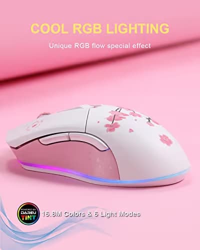 DAREU Sakura Pink Wireless Wired Gaming Mouse, Dual-Mode Rechargeable 6 Programmable Buttons,10K DPI,RGB and 7 Adjustable DPI Levels up to [150IPS] [1000Hz Polling Rate] for PC Notebook Mac image