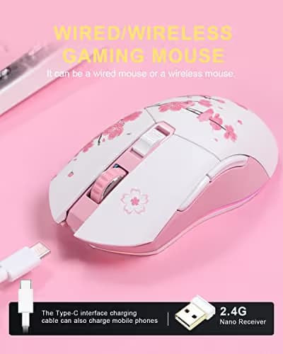 DAREU Sakura Pink Wireless Wired Gaming Mouse, Dual-Mode Rechargeable 6 Programmable Buttons,10K DPI,RGB and 7 Adjustable DPI Levels up to [150IPS] [1000Hz Polling Rate] for PC Notebook Mac image