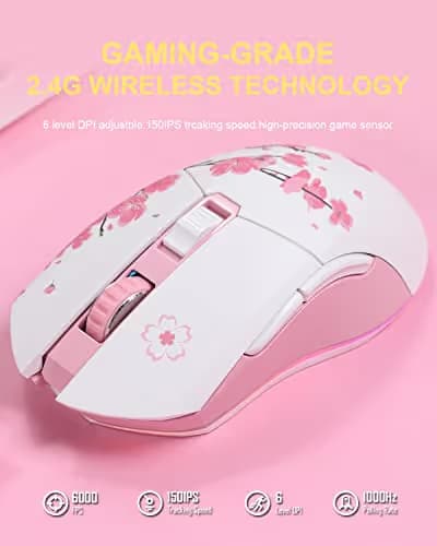 DAREU Sakura Pink Wireless Wired Gaming Mouse, Dual-Mode Rechargeable 6 Programmable Buttons,10K DPI,RGB and 7 Adjustable DPI Levels up to [150IPS] [1000Hz Polling Rate] for PC Notebook Mac image