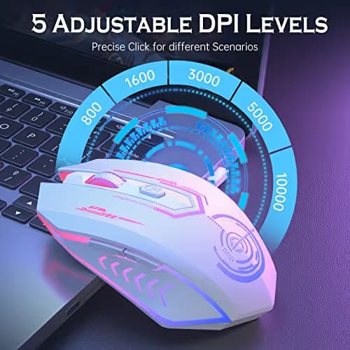 UHURU Gaming Mouse, Wireless Gaming Mouse with 6 Buttons 7 Changeable LED Color up to 10000 DPI, Rechargeable USB Gamer Mouse for PC Laptop (White) image