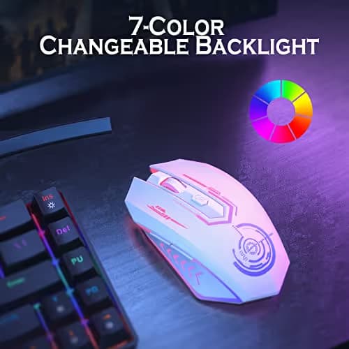 UHURU Gaming Mouse, Wireless Gaming Mouse with 6 Buttons 7 Changeable LED Color up to 10000 DPI, Rechargeable USB Gamer Mouse for PC Laptop (White) image