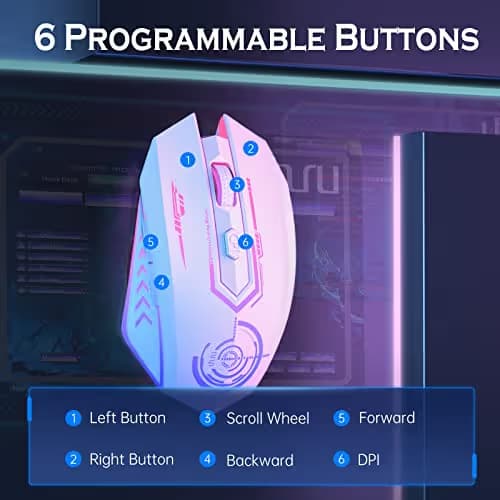 UHURU Gaming Mouse, Wireless Gaming Mouse with 6 Buttons 7 Changeable LED Color up to 10000 DPI, Rechargeable USB Gamer Mouse for PC Laptop (White) image