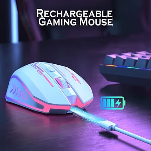 UHURU Gaming Mouse, Wireless Gaming Mouse with 6 Buttons 7 Changeable LED Color up to 10000 DPI, Rechargeable USB Gamer Mouse for PC Laptop (White) image