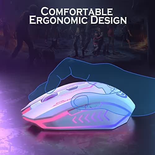 UHURU Gaming Mouse, Wireless Gaming Mouse with 6 Buttons 7 Changeable LED Color up to 10000 DPI, Rechargeable USB Gamer Mouse for PC Laptop (White) image