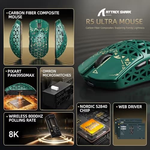 ATTACK SHARK R5Ultra 8K Carbon Fiber Wireless Gaming Mouse with 42000 DPI -PAW3950 MAX Sensor -39g Ultra-Lightweight-Nordic 52840 MCU Chip-Wired/BT/2.4GHz Wirelss Programmable Mouse for PC/Mac (Green) image