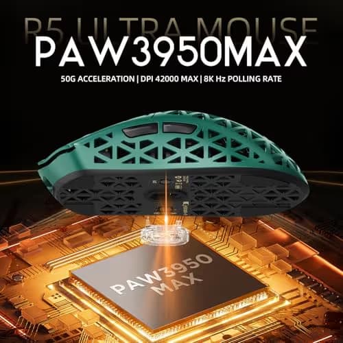 ATTACK SHARK R5Ultra 8K Carbon Fiber Wireless Gaming Mouse with 42000 DPI -PAW3950 MAX Sensor -39g Ultra-Lightweight-Nordic 52840 MCU Chip-Wired/BT/2.4GHz Wirelss Programmable Mouse for PC/Mac (Green) image