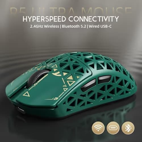 ATTACK SHARK R5Ultra 8K Carbon Fiber Wireless Gaming Mouse with 42000 DPI -PAW3950 MAX Sensor -39g Ultra-Lightweight-Nordic 52840 MCU Chip-Wired/BT/2.4GHz Wirelss Programmable Mouse for PC/Mac (Green) image