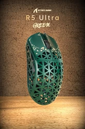 ATTACK SHARK R5Ultra 8K Carbon Fiber Wireless Gaming Mouse with 42000 DPI -PAW3950 MAX Sensor -39g Ultra-Lightweight-Nordic 52840 MCU Chip-Wired/BT/2.4GHz Wirelss Programmable Mouse for PC/Mac (Green) image