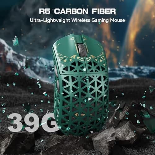 ATTACK SHARK R5Ultra 8K Carbon Fiber Wireless Gaming Mouse with 42000 DPI -PAW3950 MAX Sensor -39g Ultra-Lightweight-Nordic 52840 MCU Chip-Wired/BT/2.4GHz Wirelss Programmable Mouse for PC/Mac (Green) image