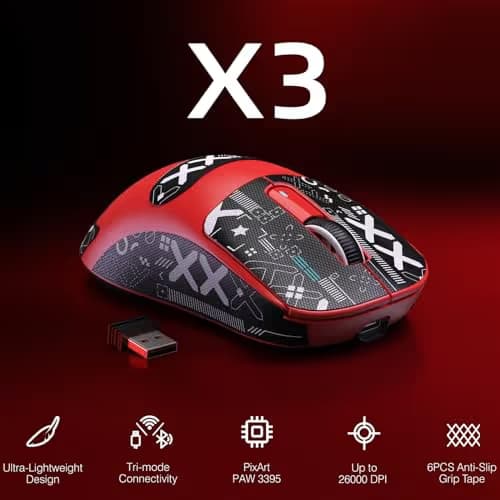 ATTACK SHARK X3 Wireless Gaming Mouse, 49g Bluetooth/2.4G/USB-C Ergonomic Computer Mouse, PAW3395 26K DPI Sensor, 200h Battery Life, Programmable Buttons Griptape, Gaming Accessories for PC/Laptop/Mac image